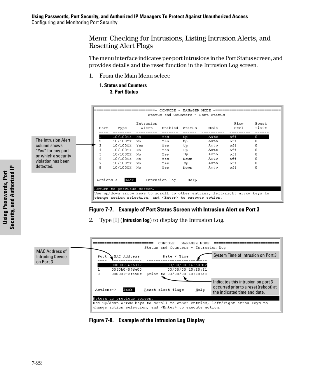 SMC Networks SMC6624M manual Type I Intrusion log to display the Intrusion Log, Status and Counters Port Status 