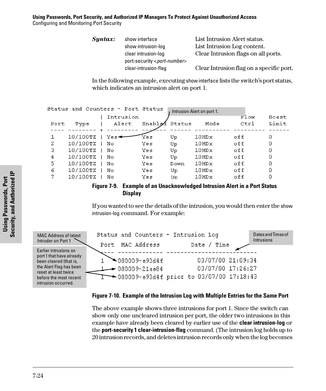 SMC Networks SMC6624M manual List Intrusion Alert status, List Intrusion Log content, Clear Intrusion flags on all ports 