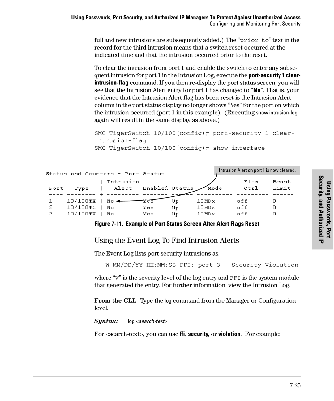 SMC Networks SMC6624M manual Using the Event Log To Find Intrusion Alerts, Event Log lists port security intrusions as 