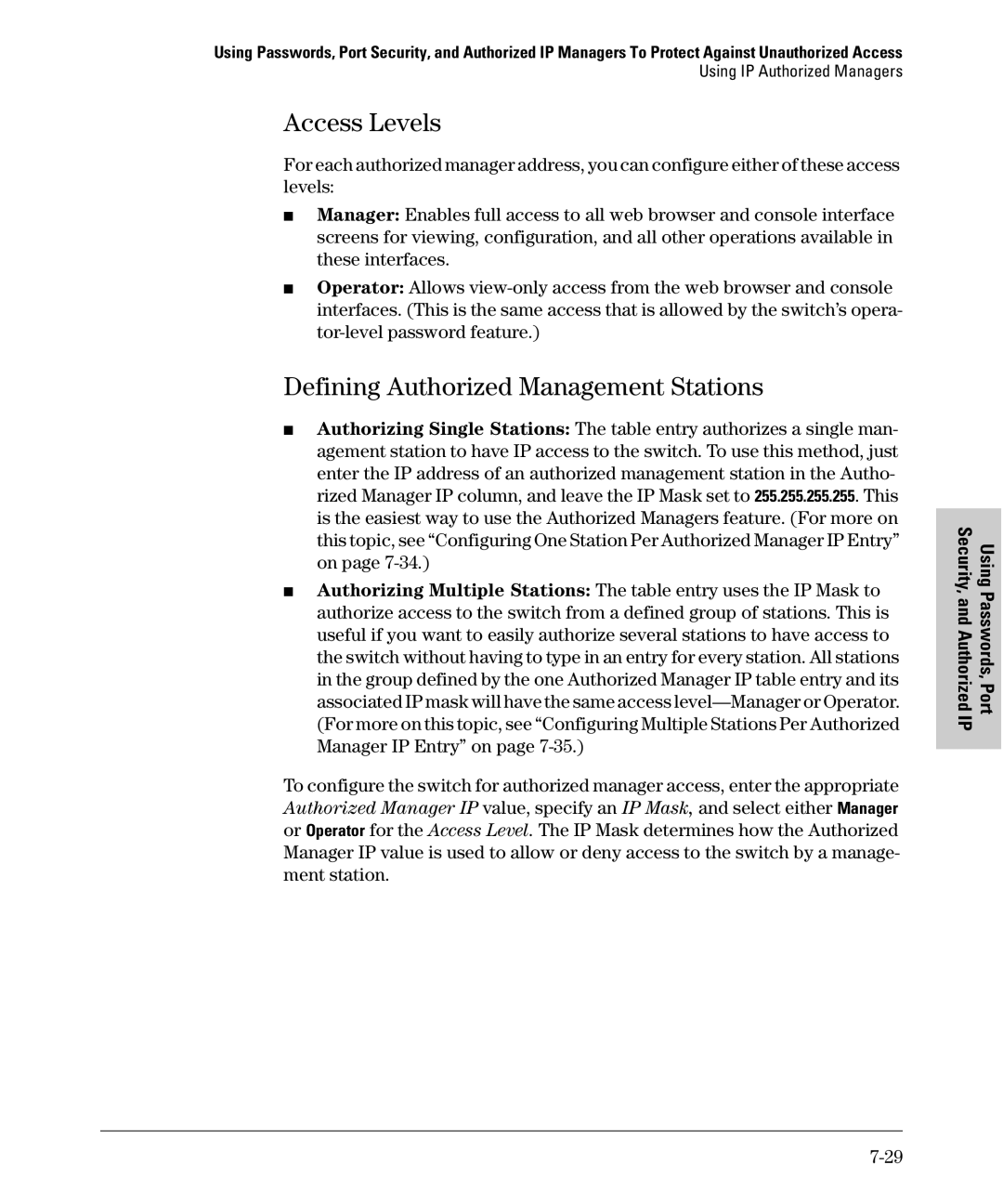 SMC Networks SMC6624M manual Access Levels, Defining Authorized Management Stations, Using IP Authorized Managers 