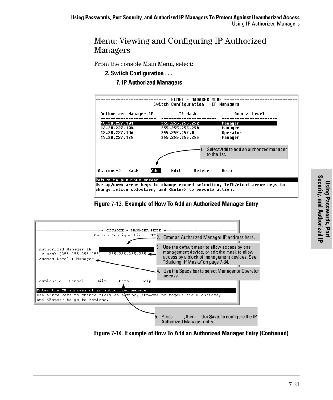 SMC Networks SMC6624M manual Menu Viewing and Configuring IP Authorized Managers, From the console Main Menu, select 