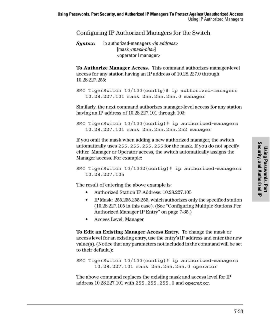 SMC Networks SMC6624M manual Configuring IP Authorized Managers for the Switch 