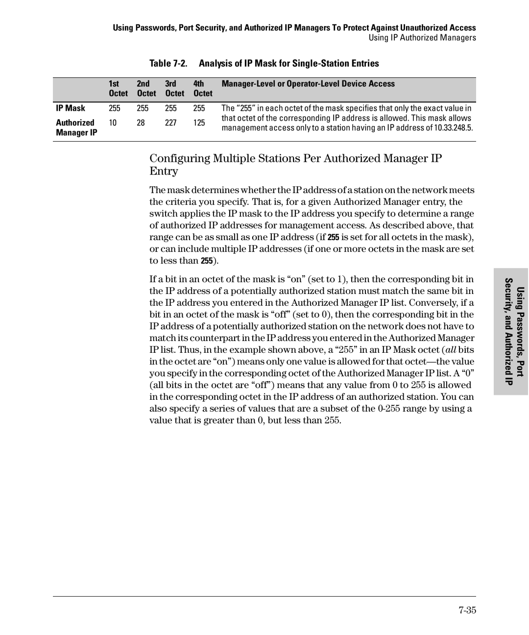 SMC Networks SMC6624M manual Analysis of IP Mask for Single-Station Entries, Authorized 227 125, Manager IP 