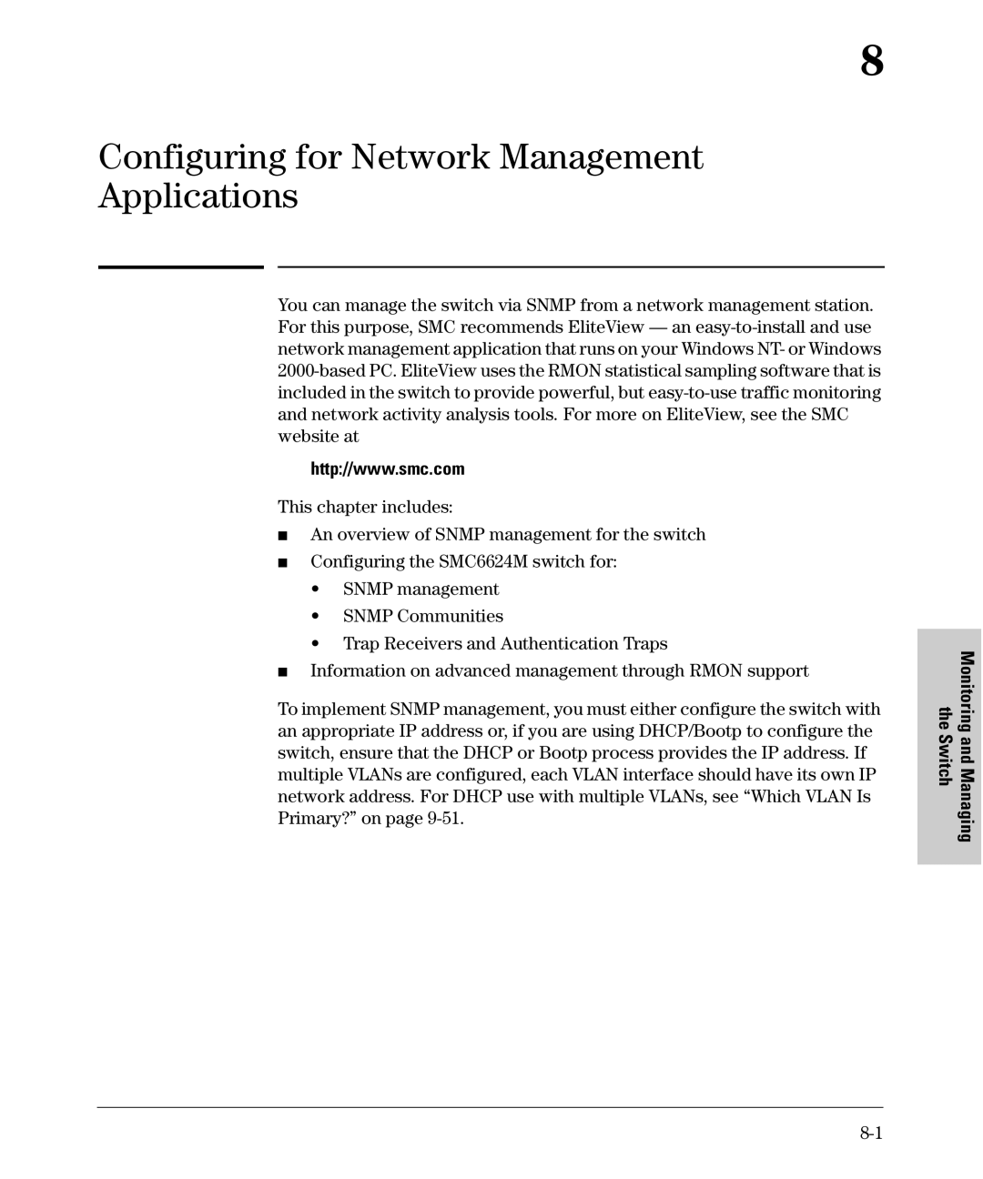 SMC Networks SMC6624M manual Configuring for Network Management Applications, Monitoring and Managing the Switch 