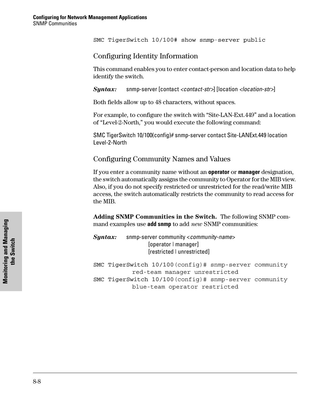 SMC Networks SMC6624M manual Configuring Identity Information, Configuring Community Names and Values 