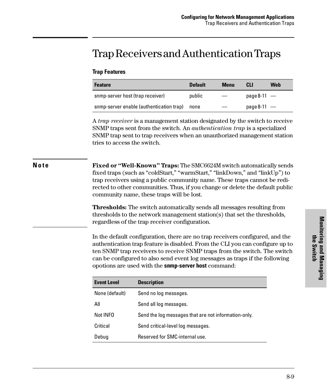 SMC Networks SMC6624M manual Trap Receivers and Authentication Traps, Trap Features, Snmp-server host trap receiver Public 