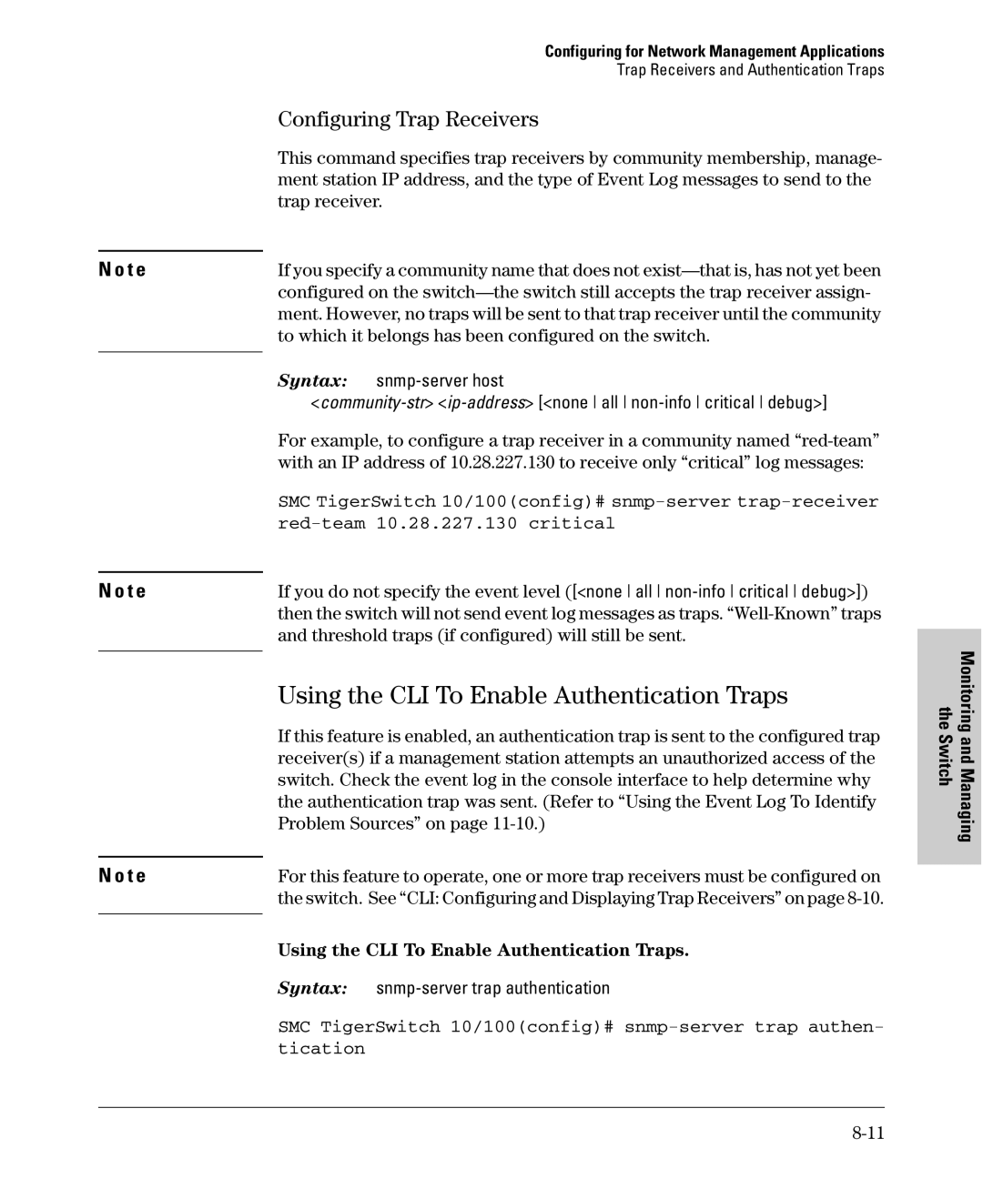 SMC Networks SMC6624M manual Using the CLI To Enable Authentication Traps, Configuring Trap Receivers 