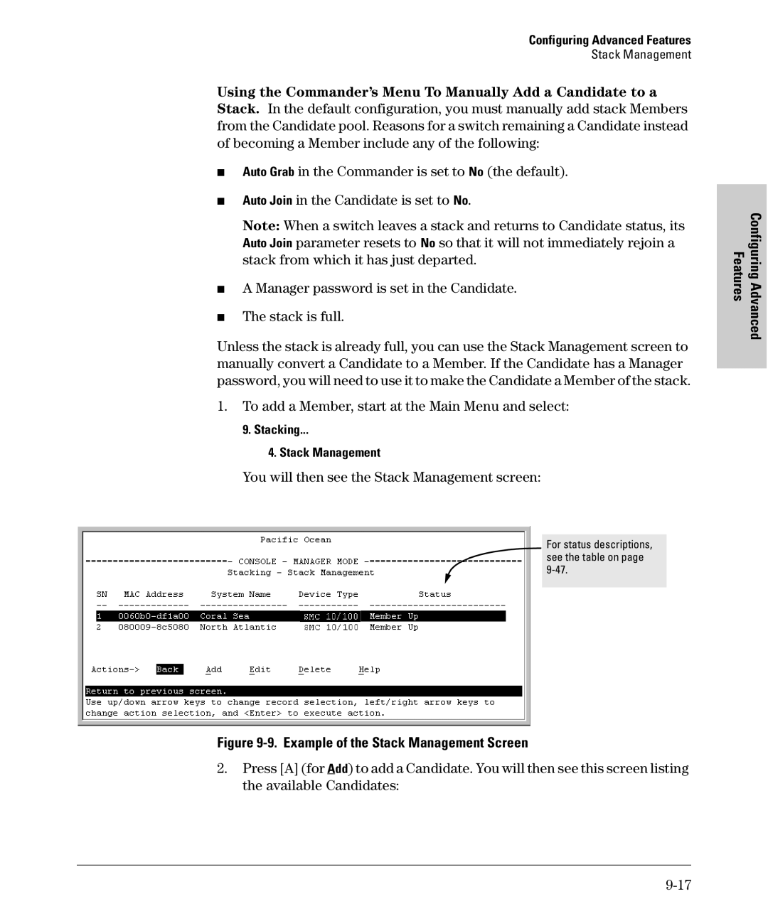 SMC Networks SMC6624M manual Using the Commander’s Menu To Manually Add a Candidate to a, Stacking Stack Management 