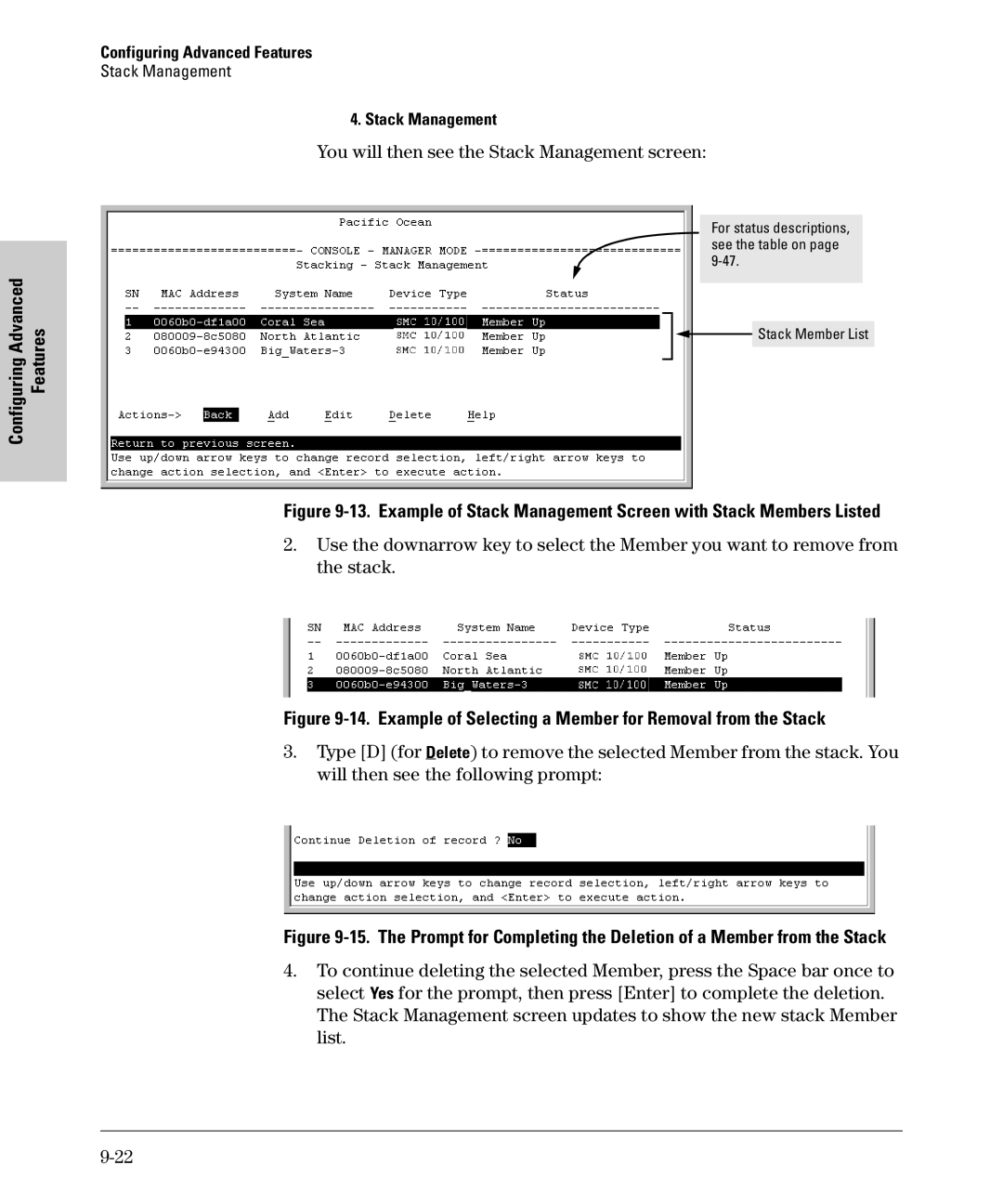 SMC Networks SMC6624M manual Example of Selecting a Member for Removal from the Stack 