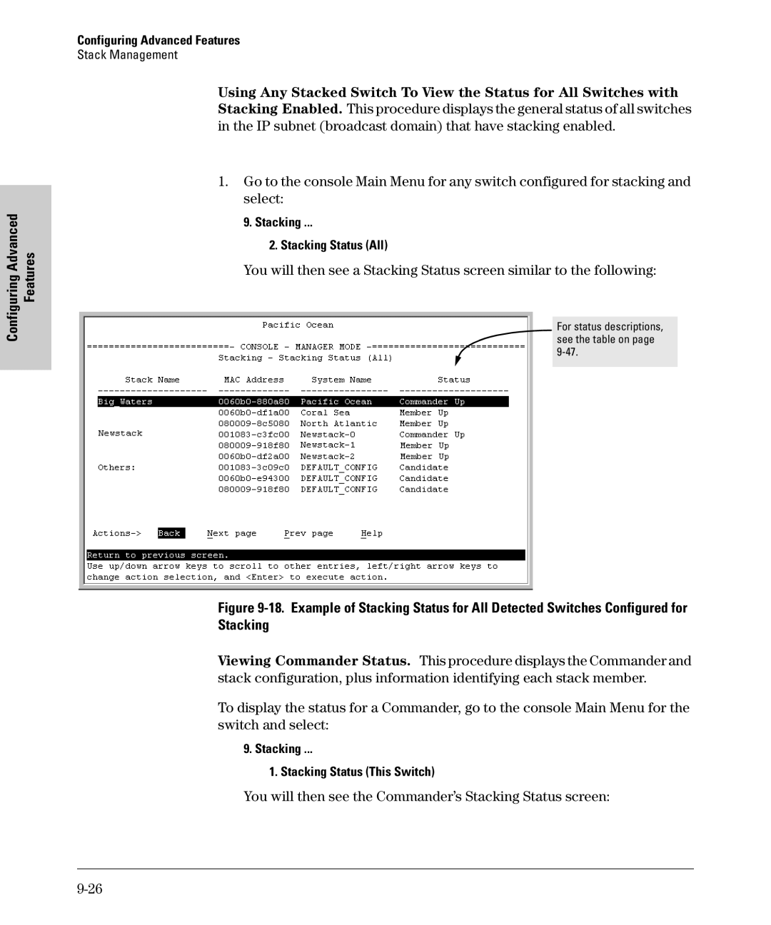 SMC Networks SMC6624M manual You will then see the Commander’s Stacking Status screen, Stacking Stacking Status All 