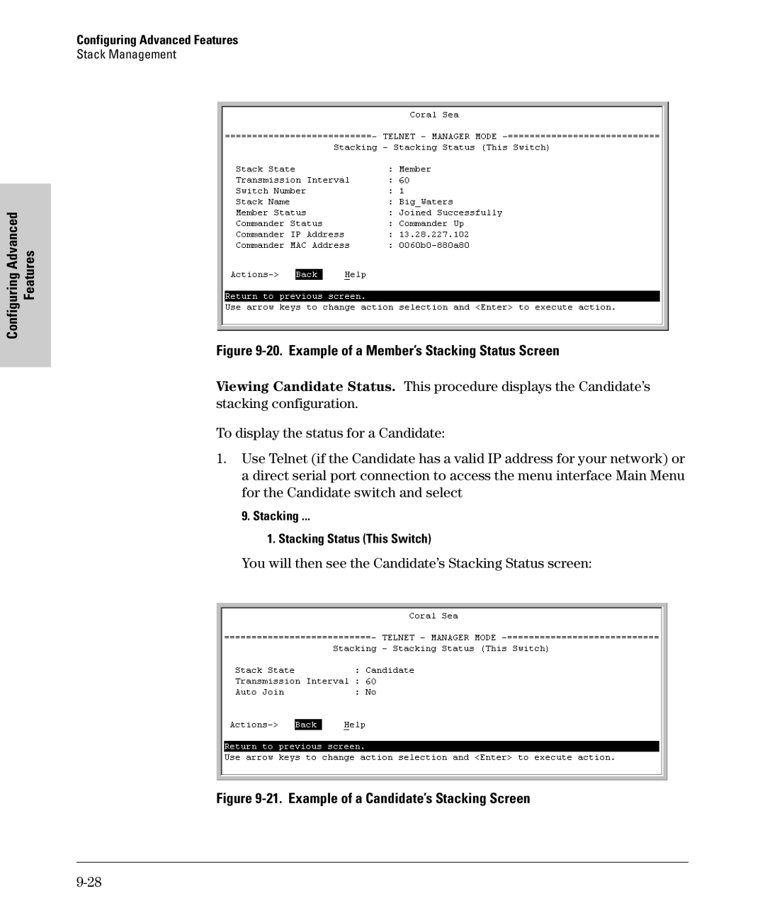 SMC Networks SMC6624M manual Example of a Member’s Stacking Status Screen, Example of a Candidate’s Stacking Screen 