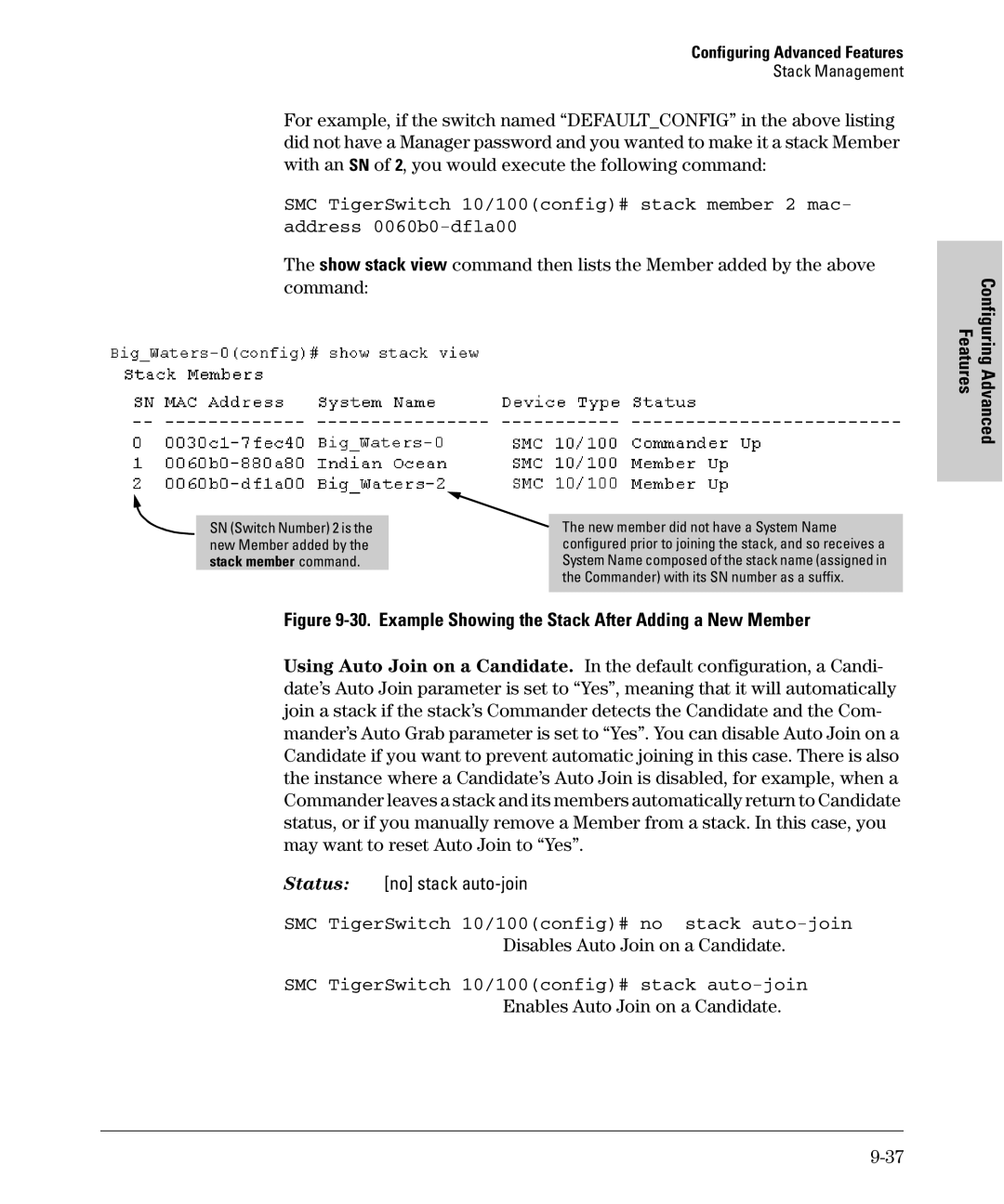 SMC Networks SMC6624M manual SMC TigerSwitch 10/100config# no stack auto-join, Disables Auto Join on a Candidate 