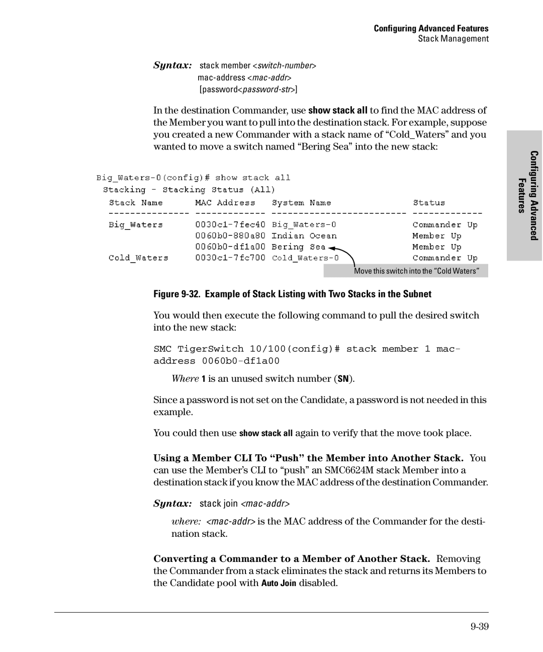 SMC Networks SMC6624M manual Features Configuring Advanced, Example of Stack Listing with Two Stacks in the Subnet 