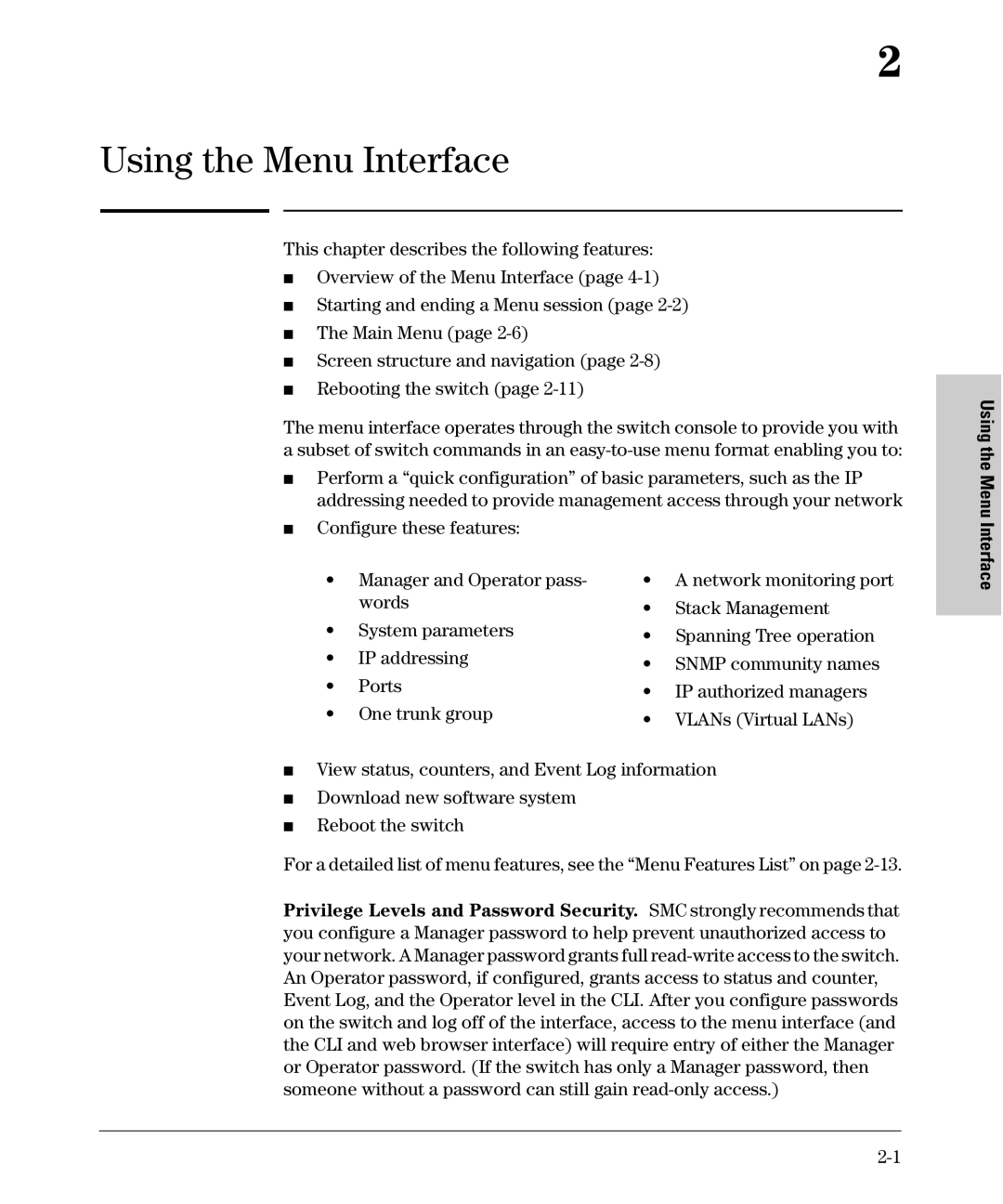 SMC Networks SMC6624M manual Using the Menu Interface, Configure these features 