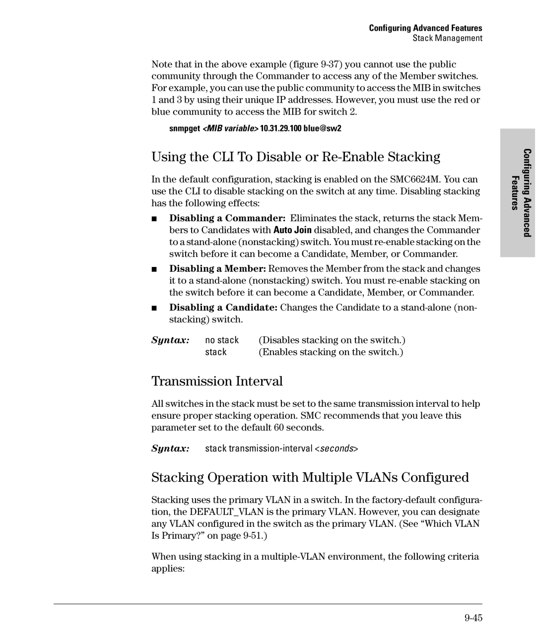 SMC Networks SMC6624M manual Using the CLI To Disable or Re-Enable Stacking, Transmission Interval 