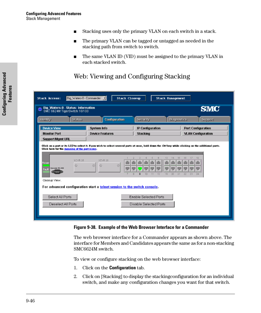 SMC Networks SMC6624M manual Web Viewing and Configuring Stacking, Example of the Web Browser Interface for a Commander 