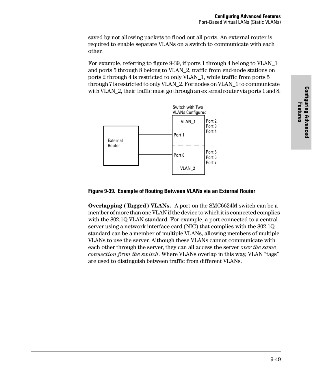 SMC Networks SMC6624M manual Example of Routing Between VLANs via an External Router 