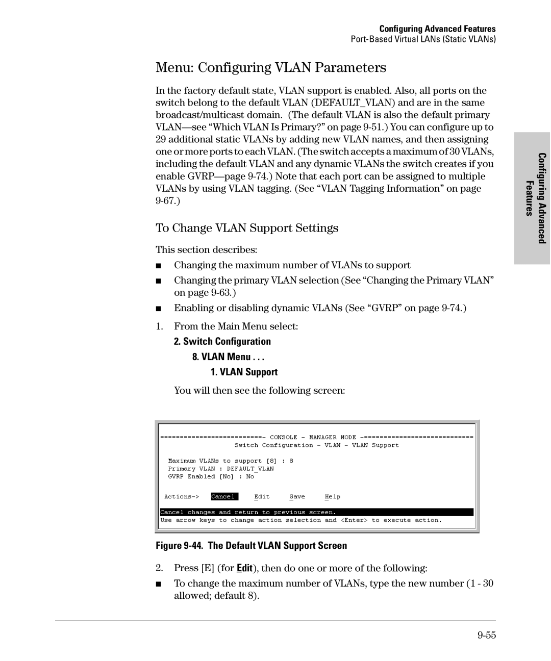 SMC Networks SMC6624M manual Menu Configuring Vlan Parameters, To Change Vlan Support Settings 