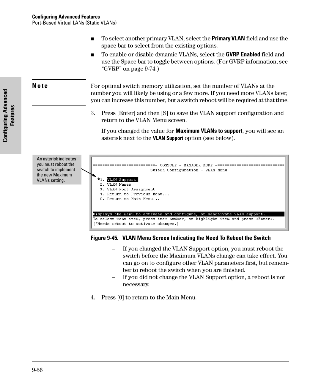 SMC Networks SMC6624M manual Space bar to select from the existing options, Gvrp on, Return to the Vlan Menu screen 