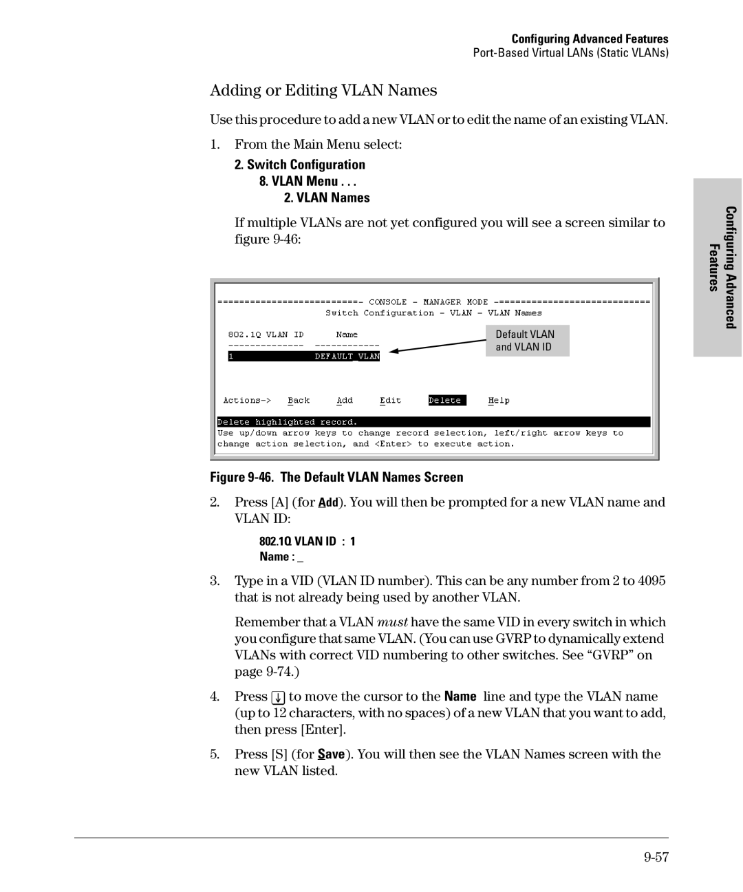 SMC Networks SMC6624M manual Adding or Editing Vlan Names, Switch Configuration Vlan Menu Vlan Names, 802.1Q Vlan ID Name 