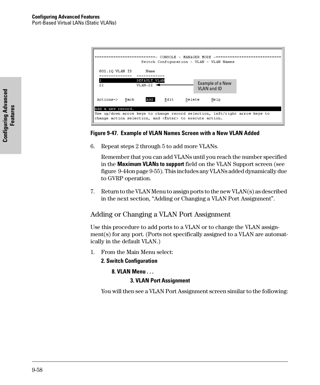 SMC Networks SMC6624M manual Adding or Changing a Vlan Port Assignment, Switch Configuration Vlan Menu Vlan Port Assignment 