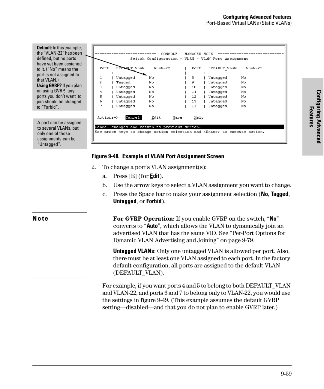 SMC Networks SMC6624M manual Example of Vlan Port Assignment Screen, Untagged, or Forbid 