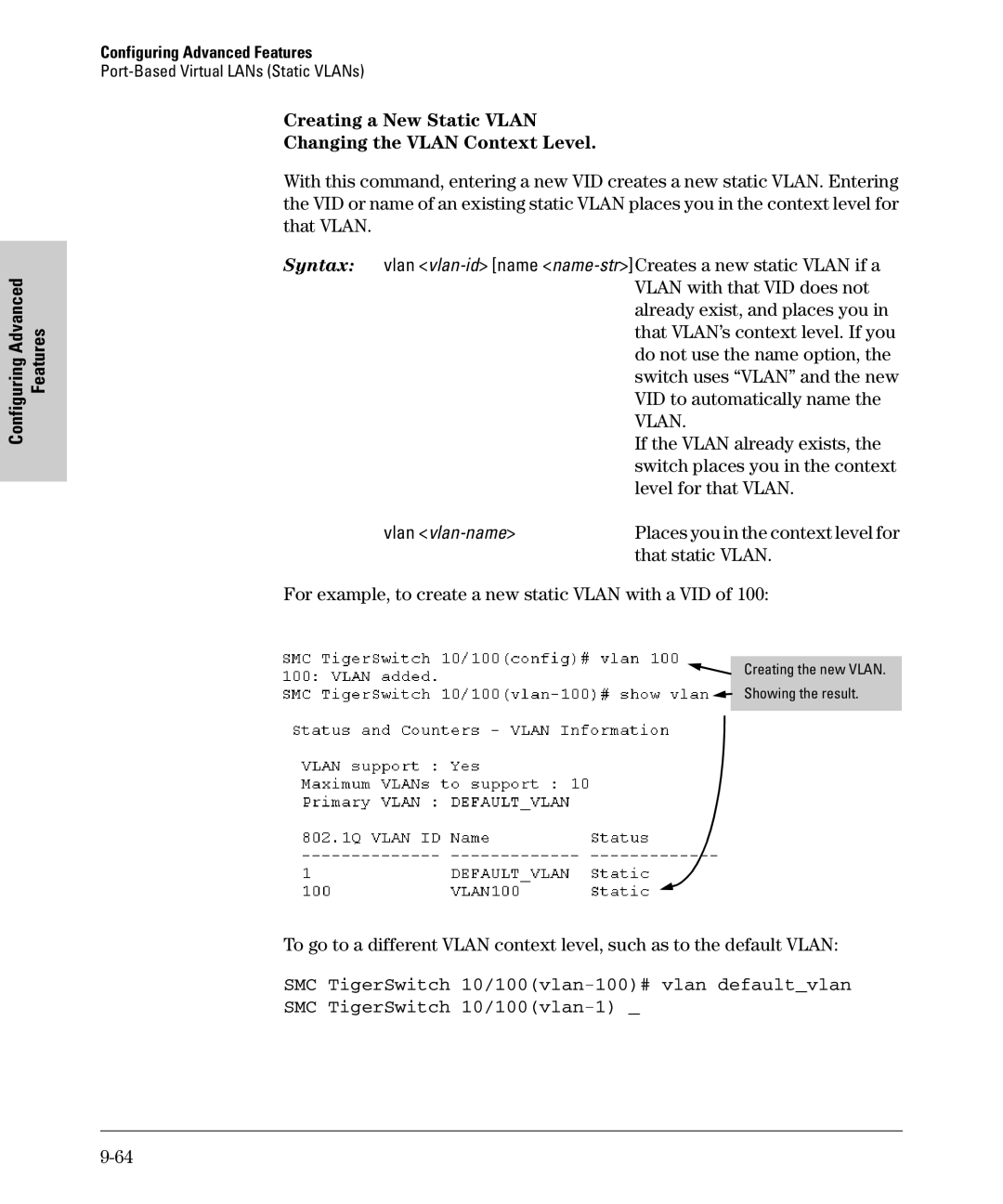 SMC Networks SMC6624M manual Creating a New Static Vlan Changing the Vlan Context Level, That static Vlan 