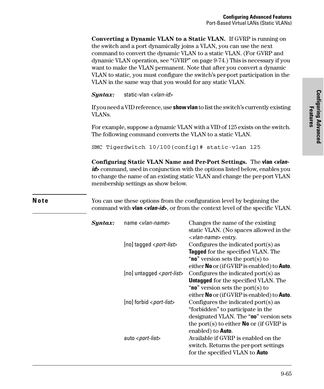 SMC Networks SMC6624M manual SMC TigerSwitch 10/100config# static-vlan 