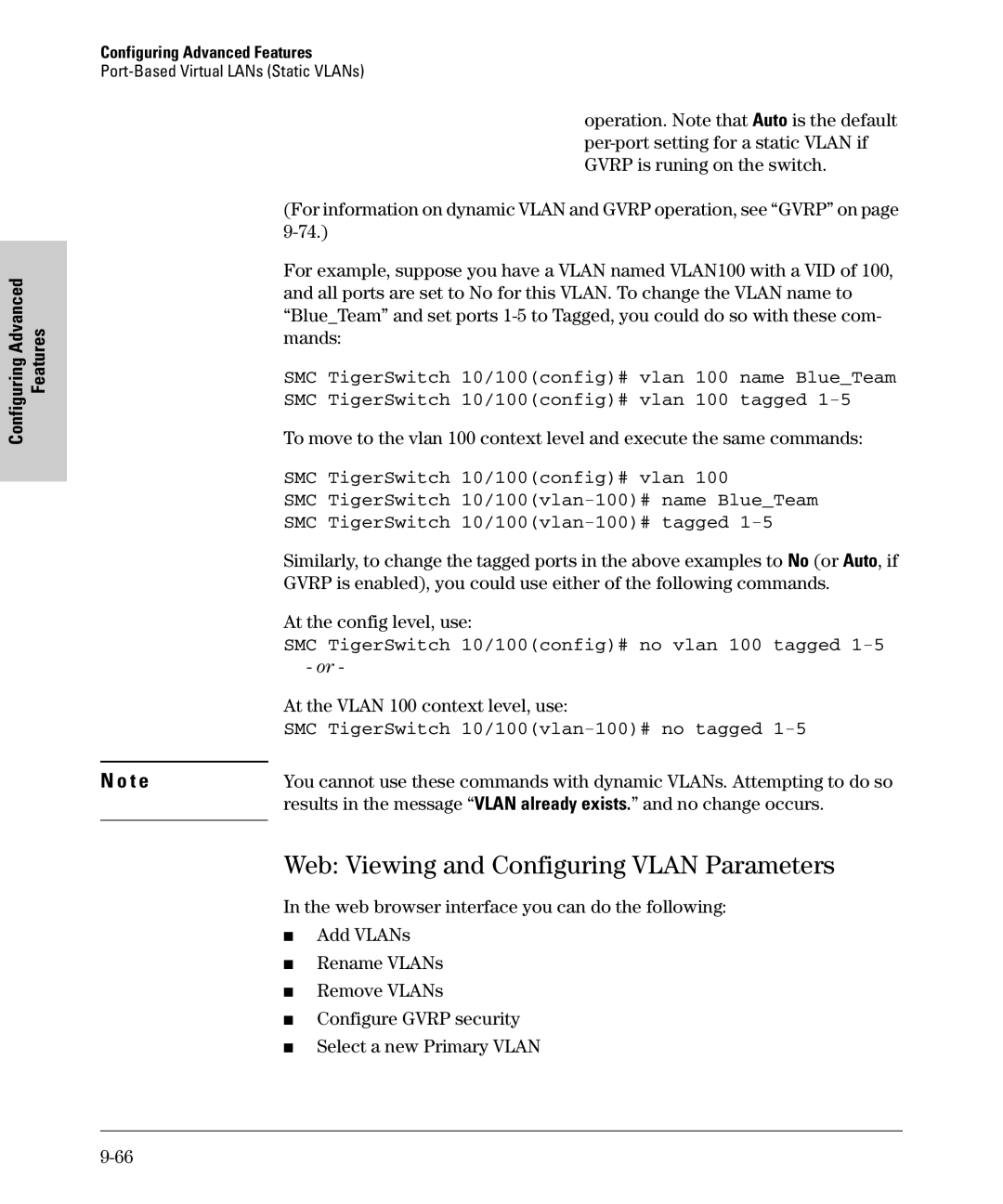 SMC Networks SMC6624M manual Web Viewing and Configuring Vlan Parameters, SMC TigerSwitch 10/100config# no vlan 100 tagged 