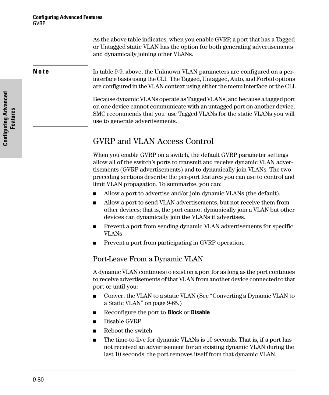 SMC Networks SMC6624M manual Gvrp and Vlan Access Control, Port-Leave From a Dynamic Vlan, Dynamically joining other VLANs 