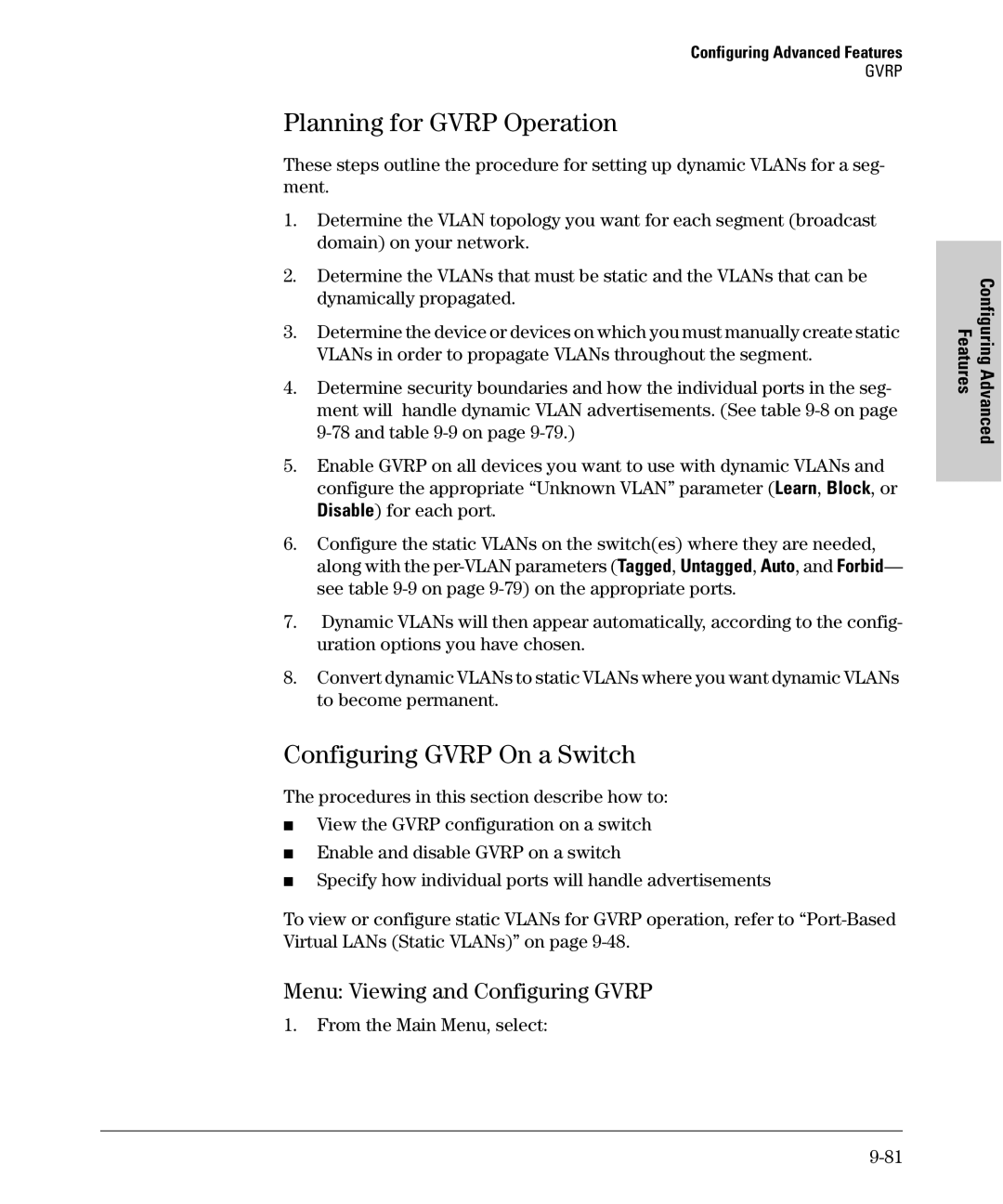 SMC Networks SMC6624M manual Planning for Gvrp Operation, Configuring Gvrp On a Switch, Menu Viewing and Configuring Gvrp 