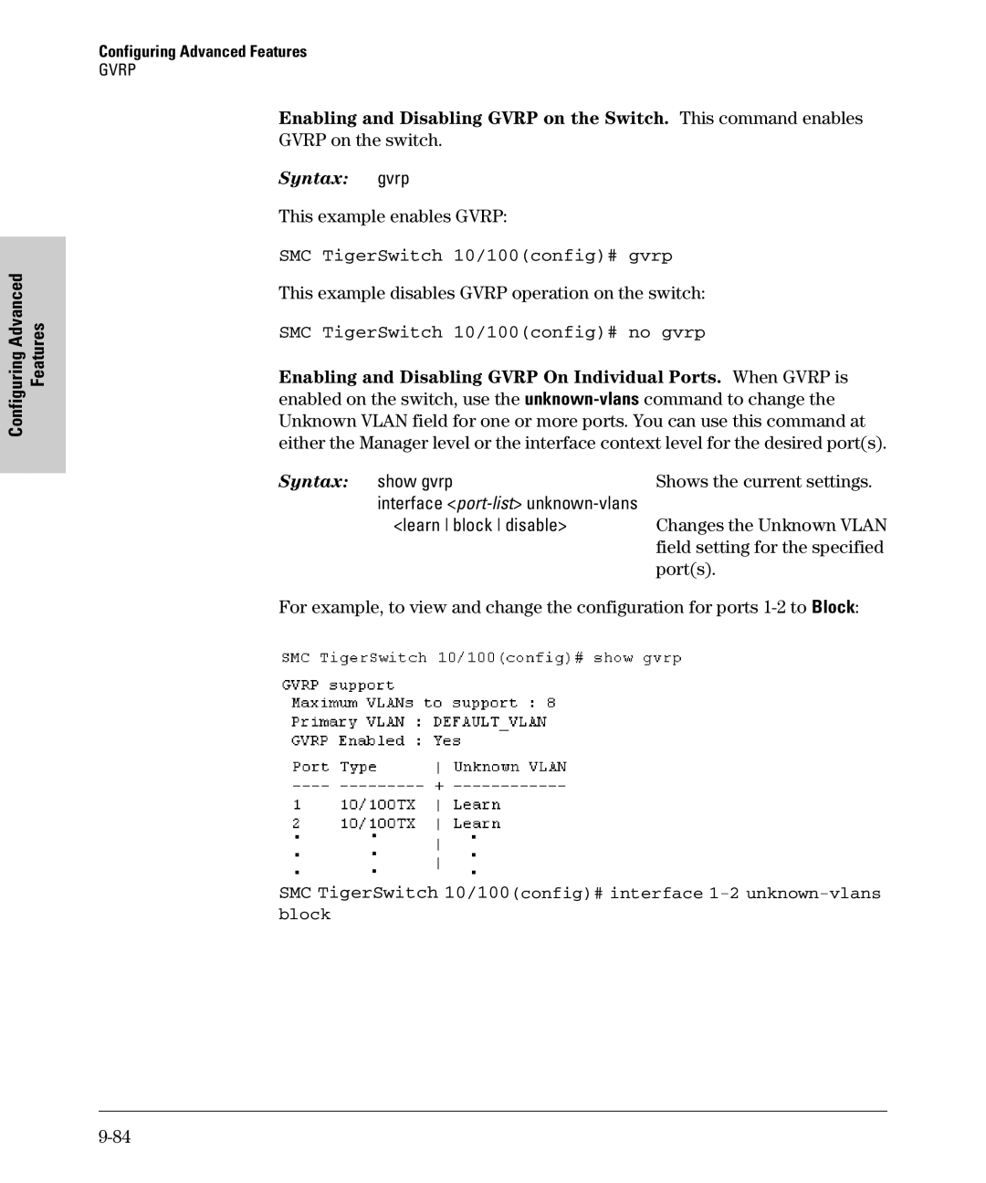 SMC Networks SMC6624M manual SMC TigerSwitch 10/100config# gvrp, SMC TigerSwitch 10/100config# no gvrp 