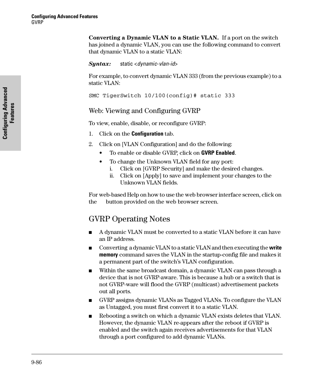 SMC Networks SMC6624M manual Gvrp Operating Notes, Web Viewing and Configuring Gvrp, SMC TigerSwitch 10/100config# static 