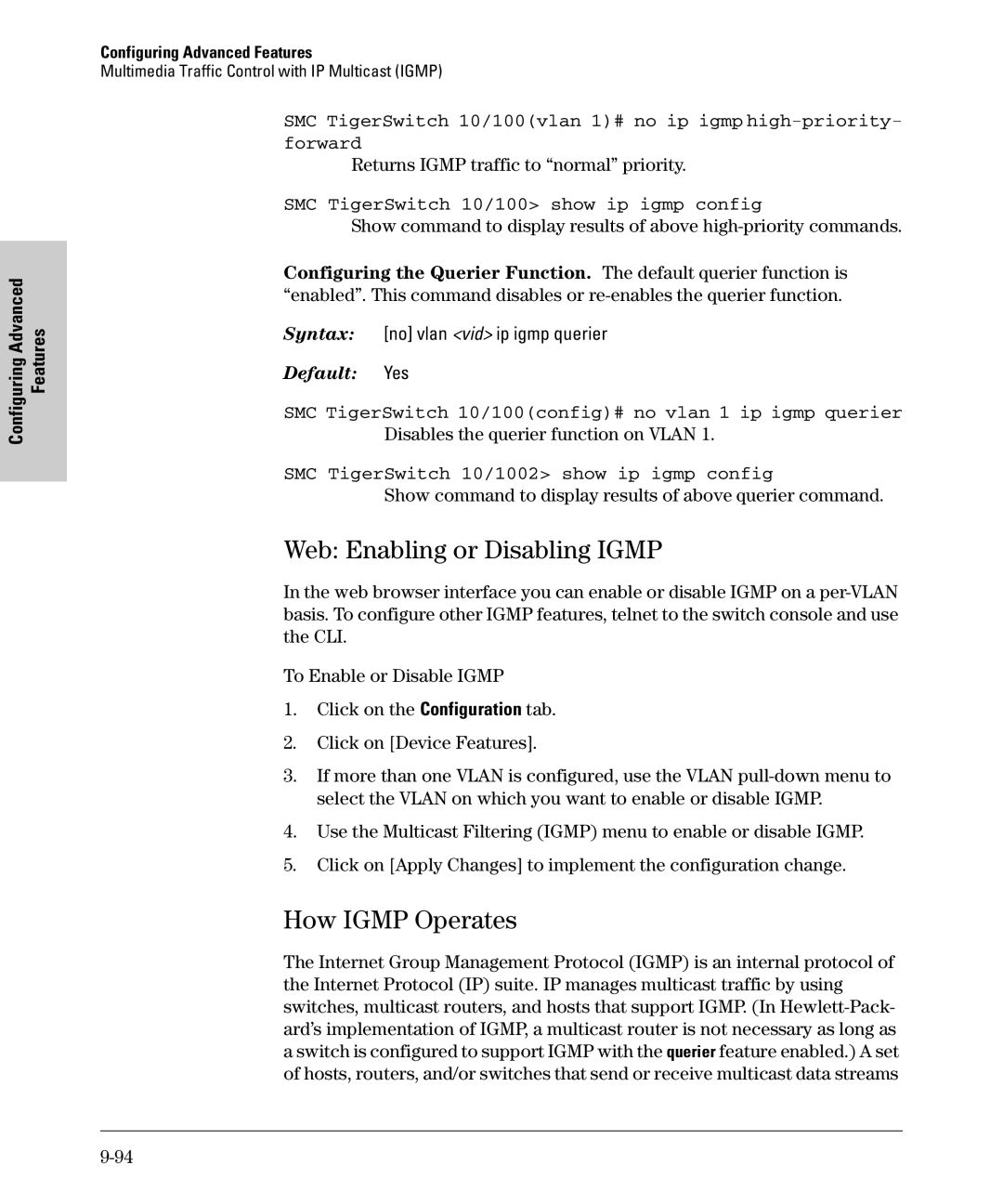 SMC Networks SMC6624M manual Web Enabling or Disabling Igmp, How Igmp Operates, SMC TigerSwitch 10/100 show ip igmp config 