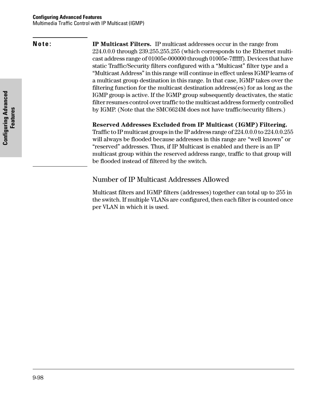 SMC Networks SMC6624M manual Number of IP Multicast Addresses Allowed, Configuring Advanced Features 