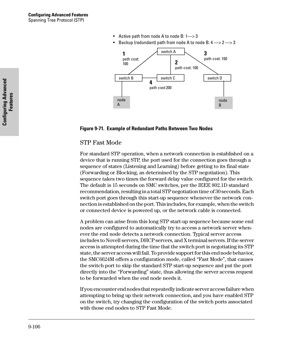 SMC Networks SMC6624M manual STP Fast Mode, Example of Redundant Paths Between Two Nodes 