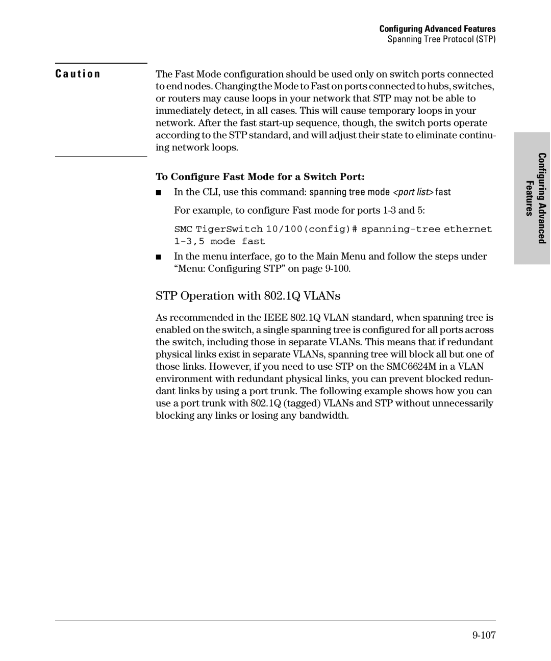 SMC Networks SMC6624M STP Operation with 802.1Q VLANs, Ing network loops, To Configure Fast Mode for a Switch Port, 107 