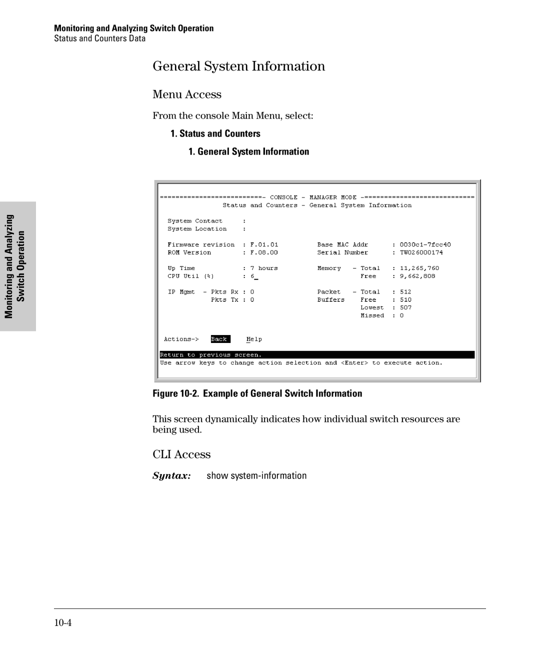 SMC Networks SMC6624M manual General System Information, Menu Access, CLI Access, 10-4, Monitoring Switch 