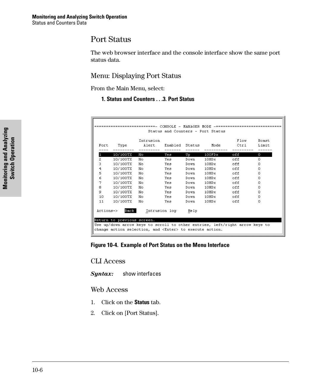 SMC Networks SMC6624M manual Menu Displaying Port Status, Web Access, Click on the Status tab Click on Port Status 10-6 