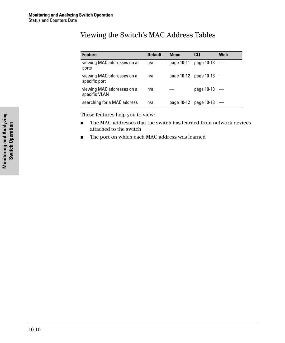 SMC Networks SMC6624M manual Viewing the Switch’s MAC Address Tables, Feature Default Menu 