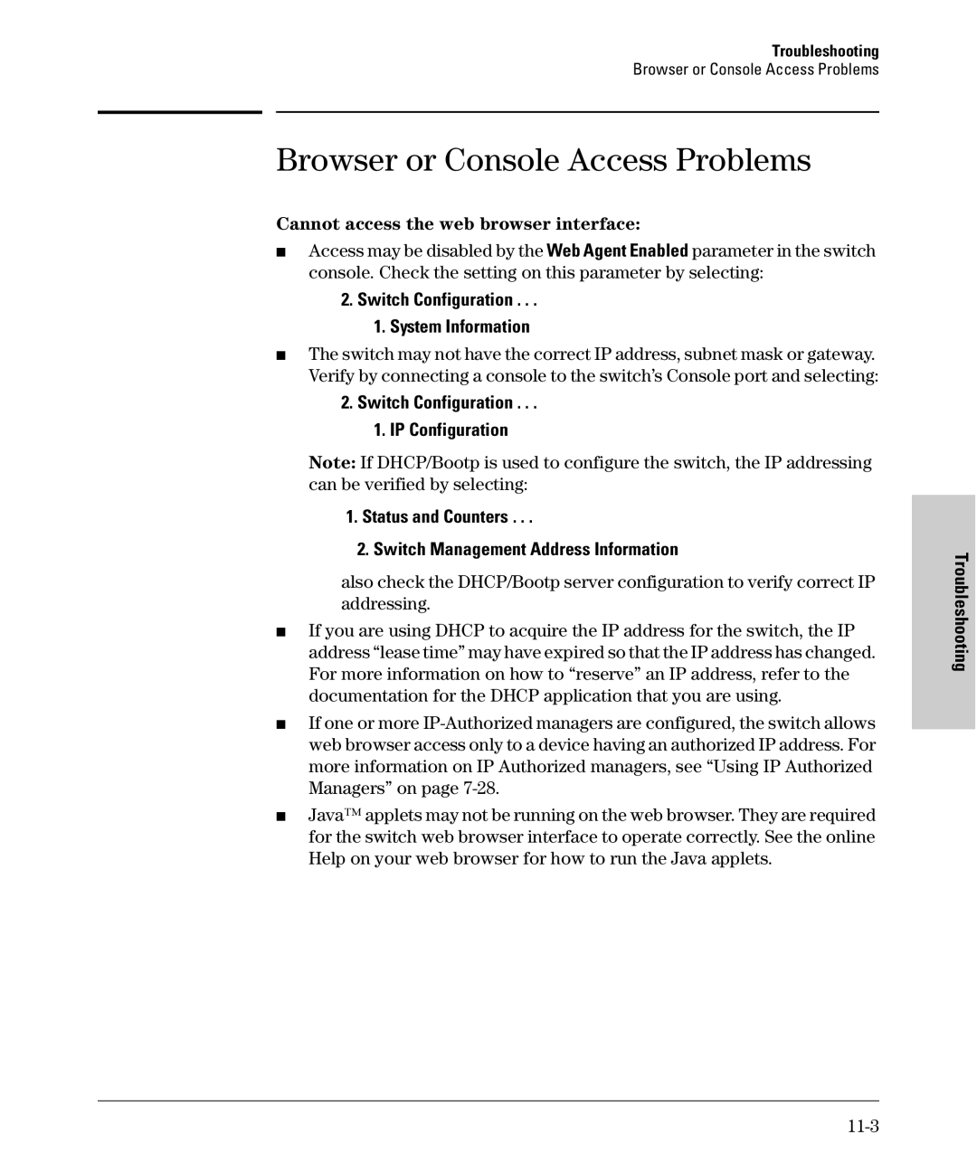 SMC Networks SMC6624M manual Browser or Console Access Problems, Cannot access the web browser interface, 11-3 