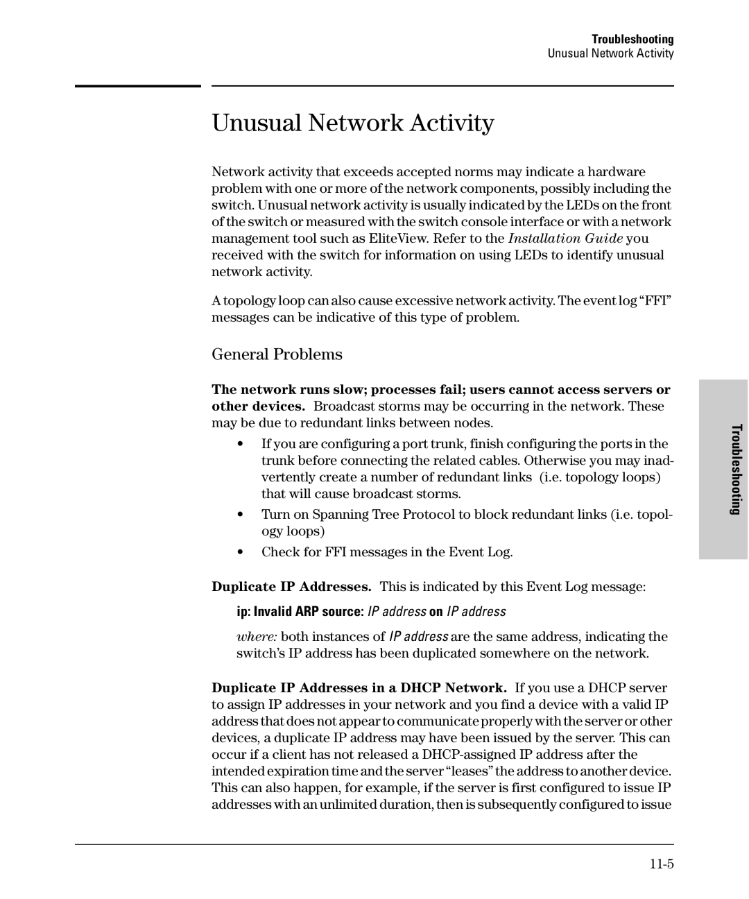 SMC Networks SMC6624M Unusual Network Activity, General Problems, Ip Invalid ARP source IP address on IP address, 11-5 