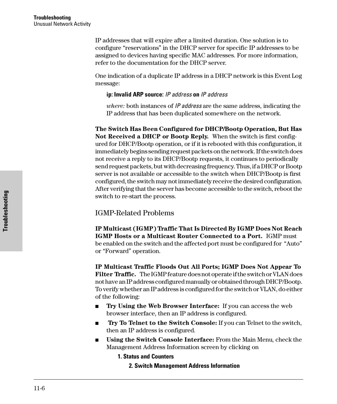 SMC Networks SMC6624M manual IGMP-Related Problems, Status and Counters Switch Management Address Information, 11-6 