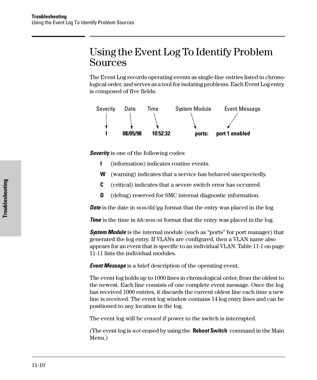 SMC Networks SMC6624M manual Using the Event Log To Identify Problem Sources, Date Time System Module, Severity 