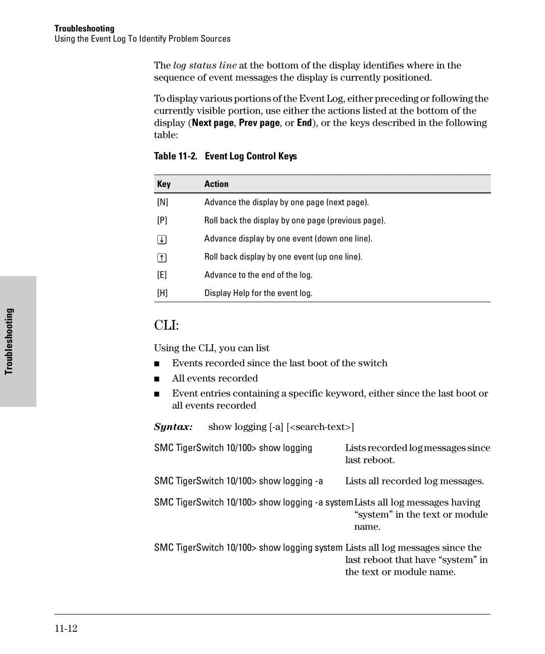 SMC Networks SMC6624M manual Event Log Control Keys, Last reboot, Lists all recorded log messages, 11-12, Key Action 