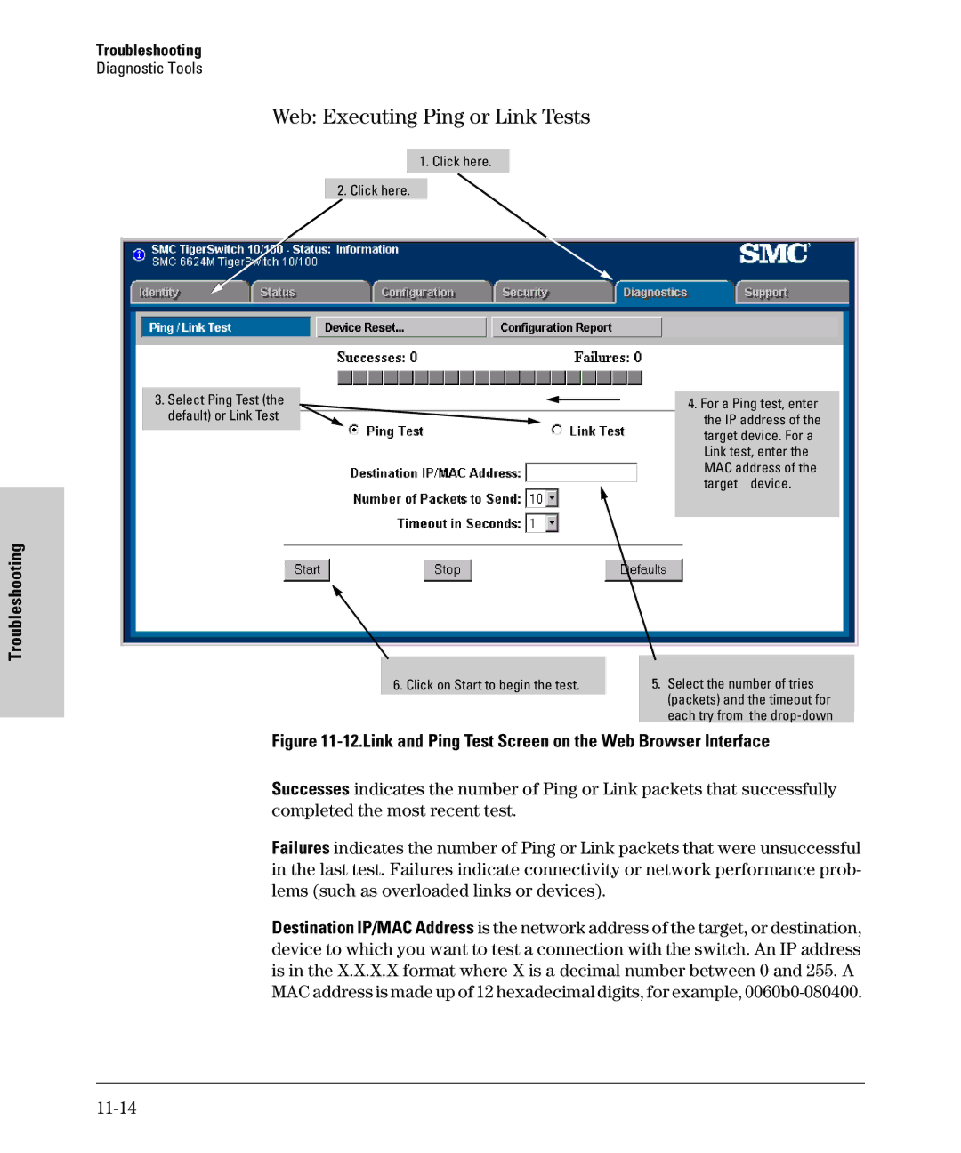 SMC Networks SMC6624M manual Web Executing Ping or Link Tests, 11-14 