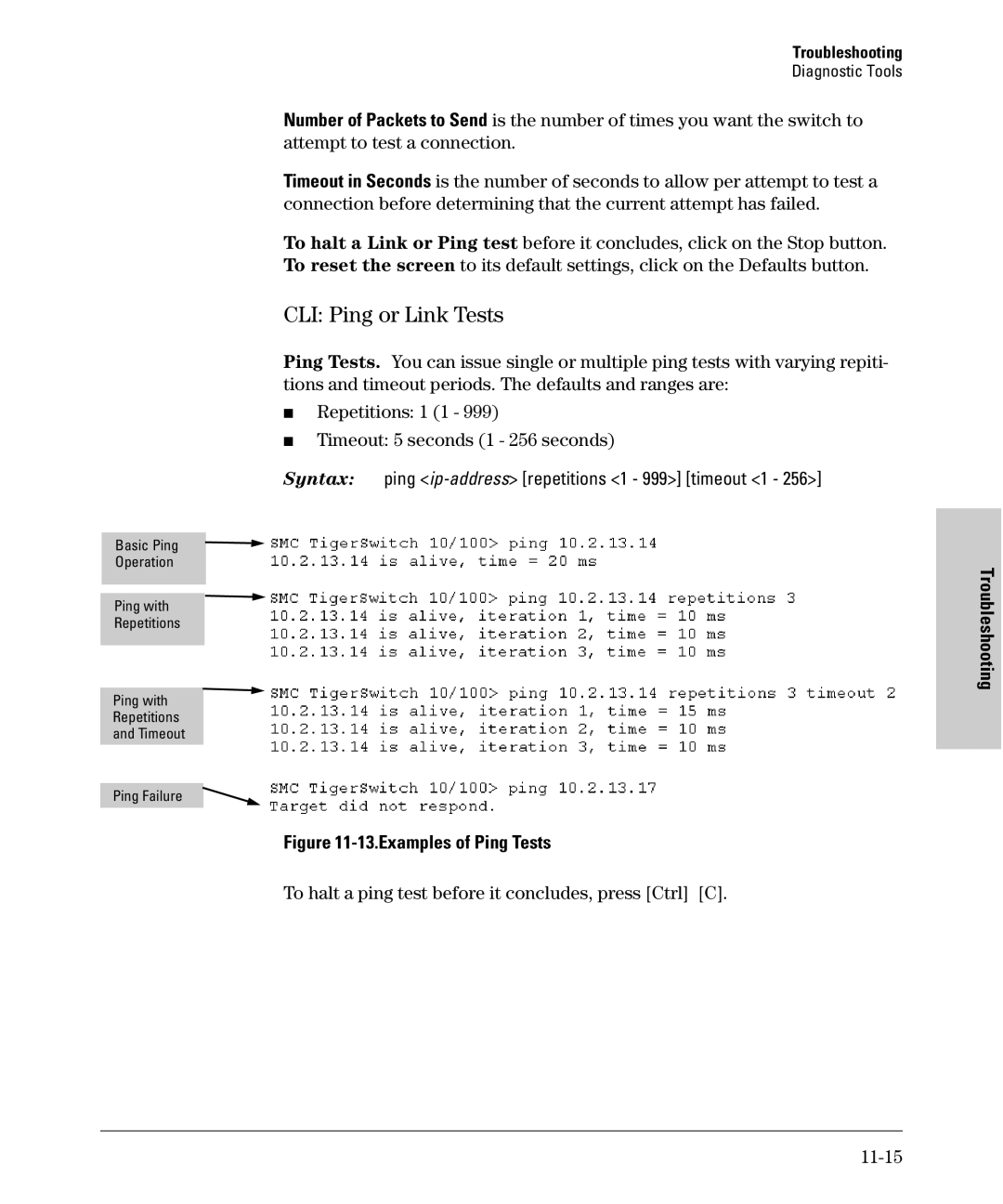 SMC Networks SMC6624M manual CLI Ping or Link Tests, To halt a ping test before it concludes, press Ctrl C 11-15 