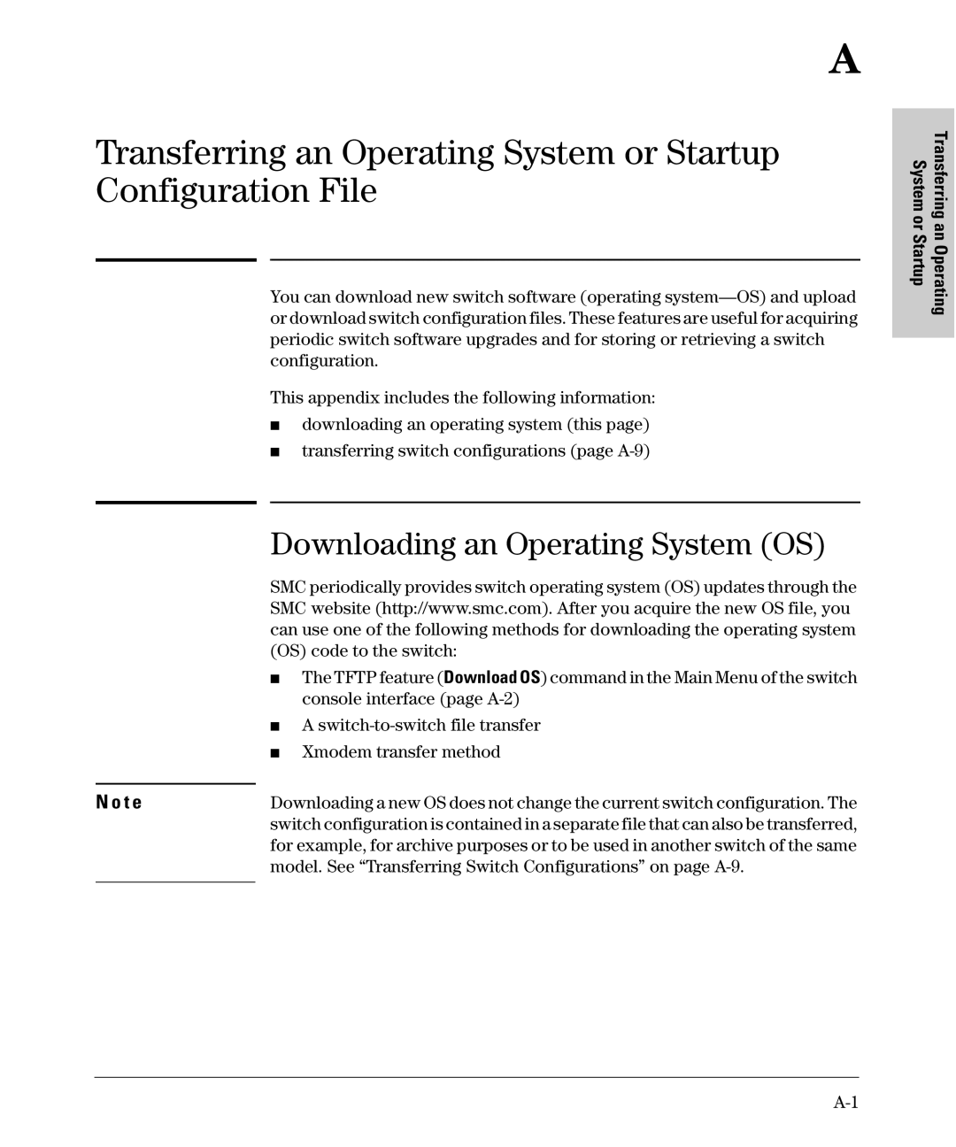 SMC Networks SMC6624M manual Downloading an Operating System OS, Model. See Transferring Switch Configurations on page A-9 