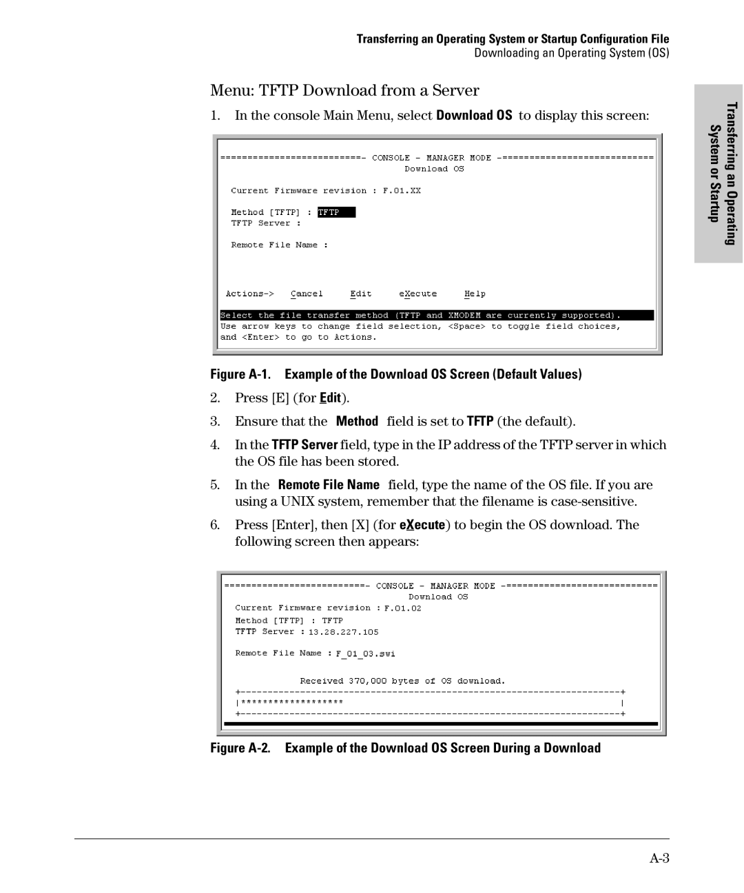 SMC Networks SMC6624M manual Menu Tftp Download from a Server, Figure A-1. Example of the Download OS Screen Default Values 