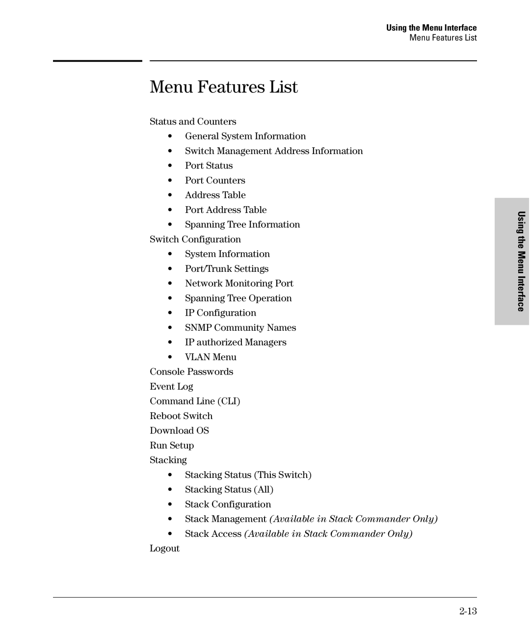 SMC Networks SMC6624M manual Menu Features List, Logout 